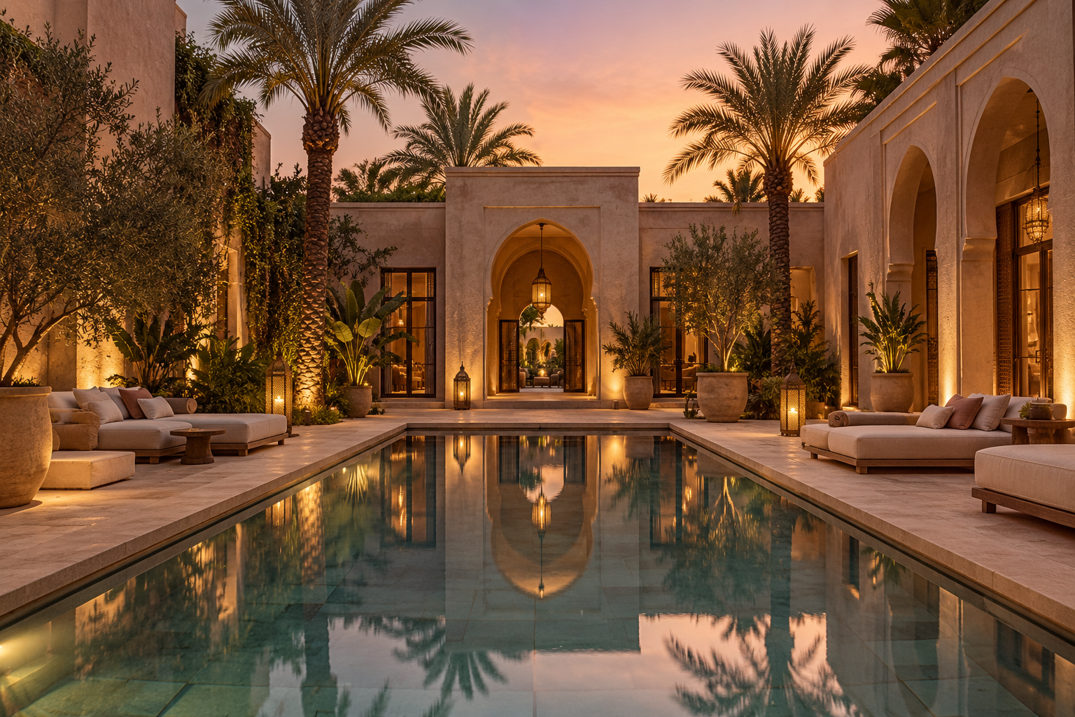 Concept créatif : cour intérieure imaginaire à Marrakech et piscine au crépuscule