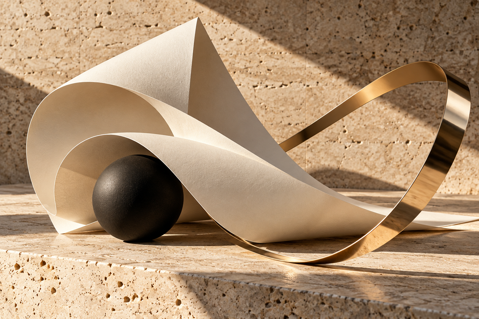 Composition conceptuelle de papier sculpté, matière minérale et ruban champagne